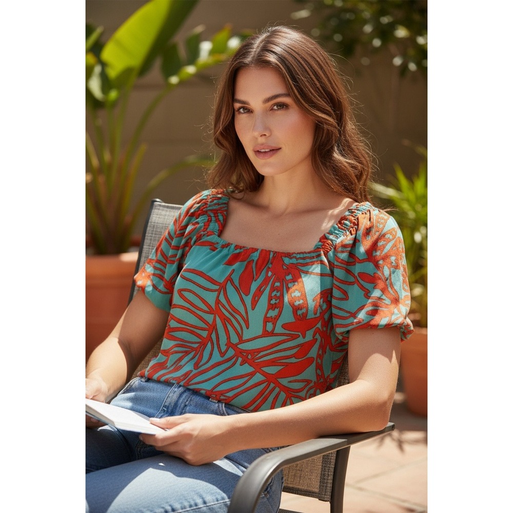 JADE MELODY TAN Square Neck Puff Sleeve Tropical Leaf Print Top XS